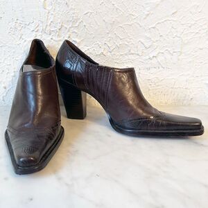 Antonio Melani Brown Embossed Leather Western Ankle Booties Women’s 6 Square Toe